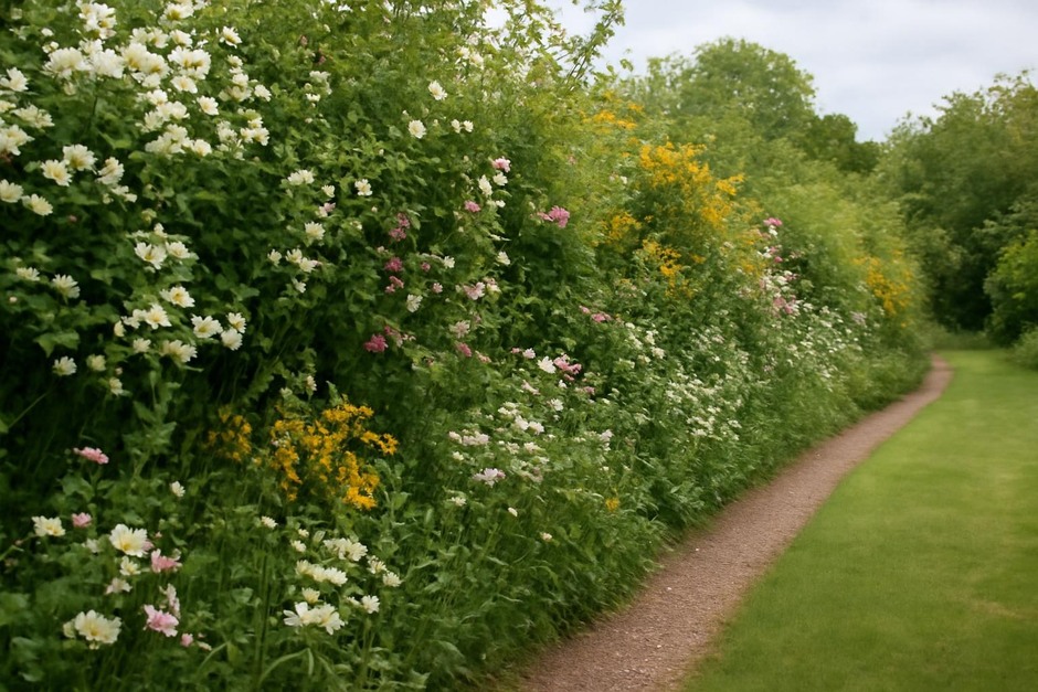 A mixed native hedgerow in bloom along a small garden path