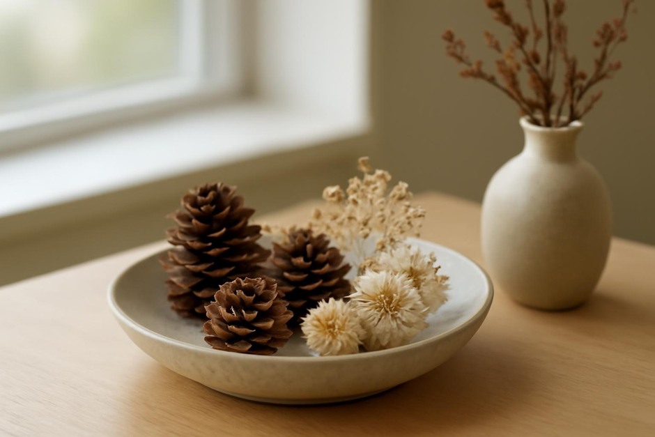 A small tabletop nature display with pinecones, dried flowers and a ceramic bowl representing seasonal elements