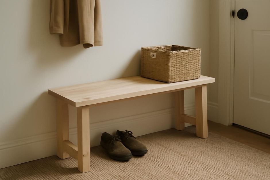 Simple wooden indoor bench in a small entryway