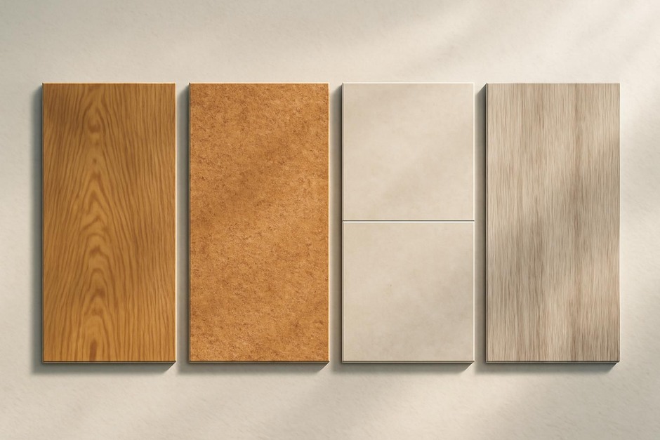 Four sample flooring swatches: wood, cork, tile, and vinyl