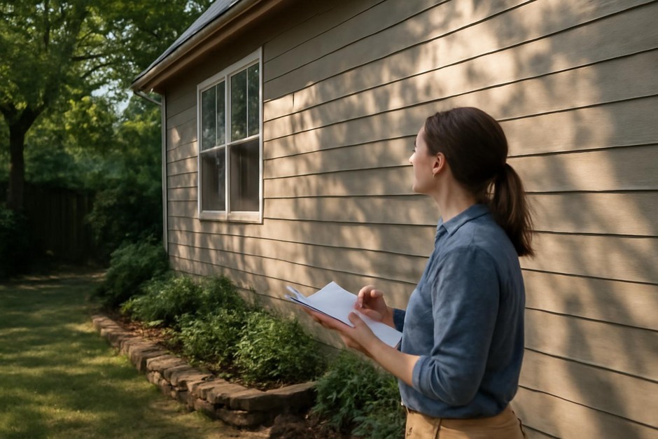 Person noting sun and shade patterns around a house with a notebook
