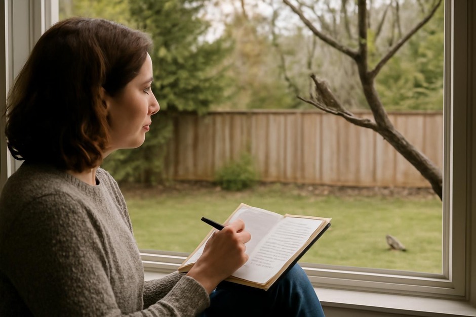 Person making notes while watching birds from a window in a backyard