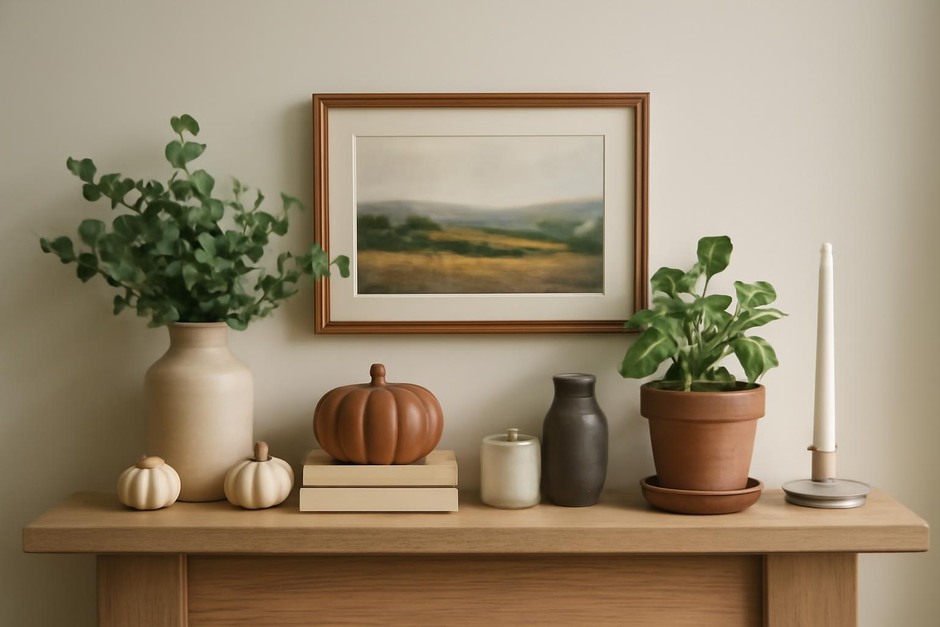 A small wooden mantel styled with seasonal objects and plants