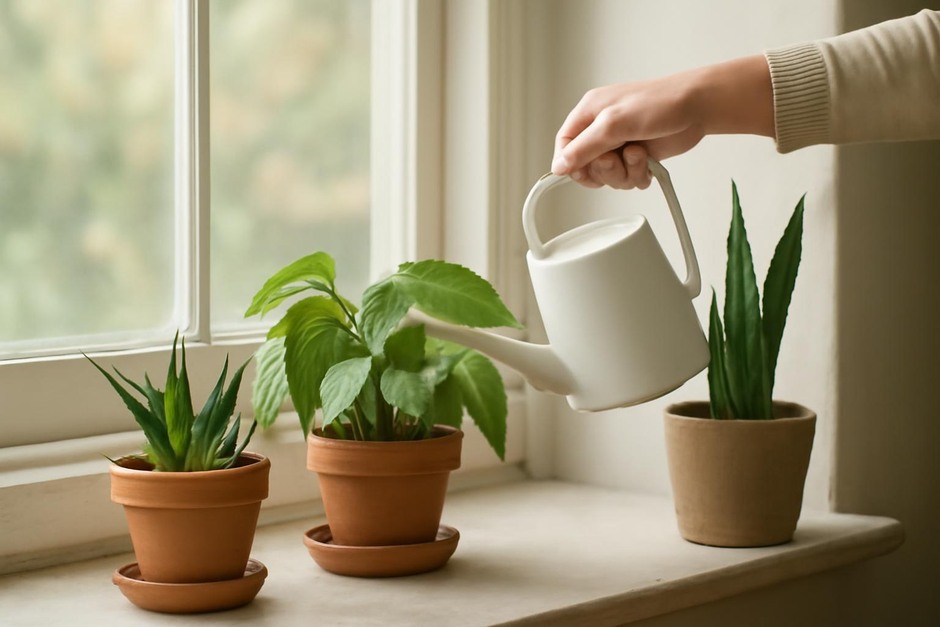Hands watering a small group of houseplants on a windowsill